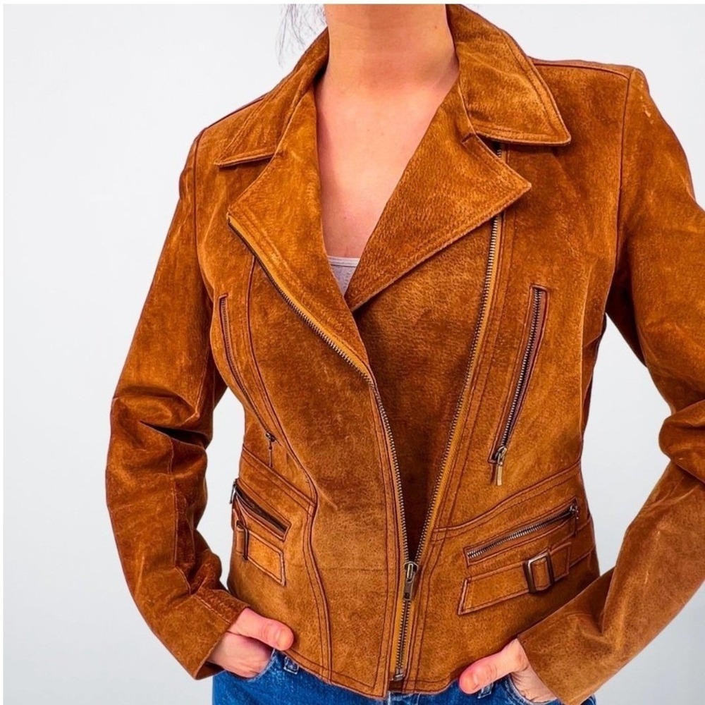 VTG Mikes Arcade Clothing Co Brown Suede Leather Moto Biker Jacket Womens Cognac
